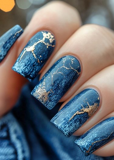 Elegant blue denim nail art with gold Kintsugi accents, showcasing intricate design details.