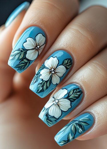 Elegant blue floral nail art with intricate designs and glossy finish.