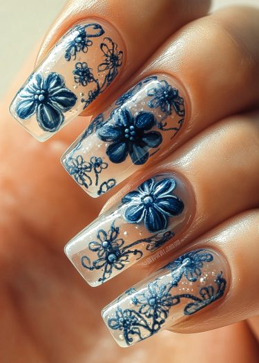 Elegant blue floral nail art with intricate designs and glossy finish on manicured nails.