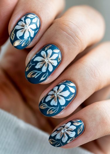 Elegant blue floral nail art with intricate white designs and gold accents for a sophisticated look.