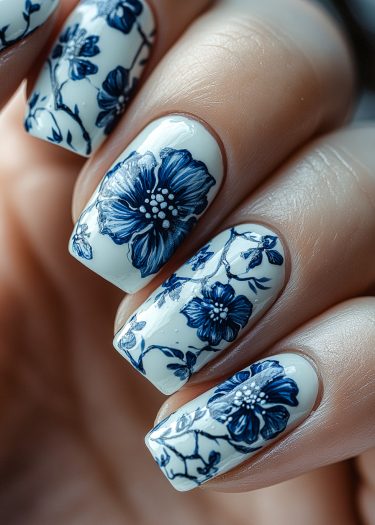 Elegant blue floral nail art design on glossy white nails showcases intricate detailing and artistry.