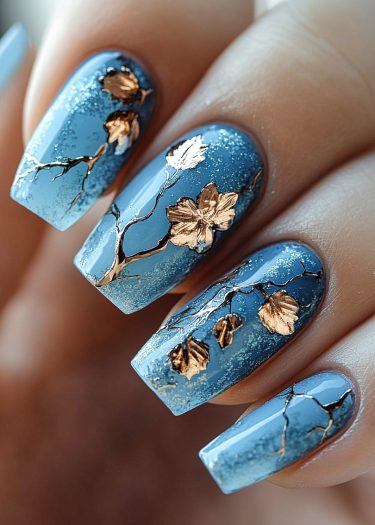 Elegant blue and gold floral nail art with a stunning gradient and intricate designs.