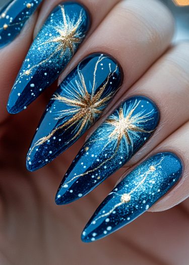 Stunning blue and gold celestial nail art featuring stiletto shapes and intricate designs.