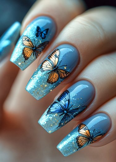 Stunning blue gradient nails featuring intricate butterfly designs and sparkling gold glitter accents.