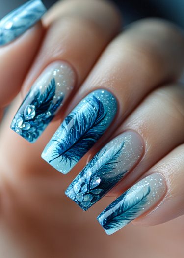 Elegant blue gradient nail art with delicate feather designs and sparkling rhinestones.