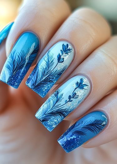 Elegant blue ombre nail art with intricate feather designs and subtle glitter accents.