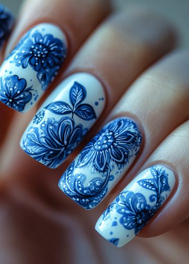 Elegant blue floral nail art on glossy white base, showcasing intricate designs and craftsmanship.