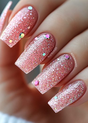 Elegantly designed blush pink glitter nails with sequins in a close-up view.