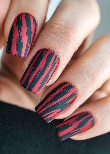 Bold red matte nails with black stripes showcase modern nail art elegance and sophistication.