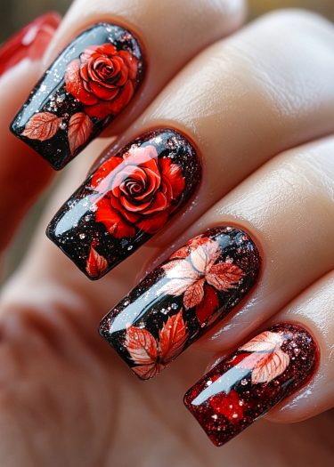 Stunning black nail art featuring vibrant red roses and glamorous glitter for a bold look.