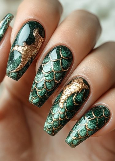 Luxurious green and gold dragon scale nail art design for a captivating and artistic look.