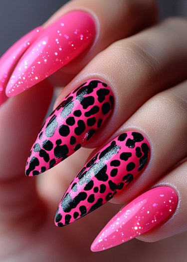 Vibrant pink leopard print nail art with glitter for a trendy, edgy look.