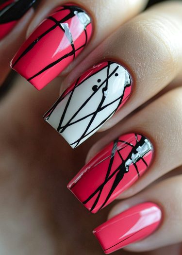 Vibrant red and white nail art with bold black patterns for a chic, stylish manicure.