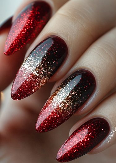 Stunning black and red glitter nails with a glamorous almond shape for elegant manicures.