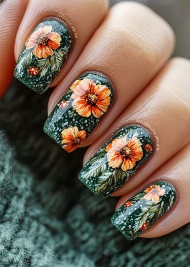 Elegant floral nail art featuring marigolds on a rich green background for a sophisticated look.