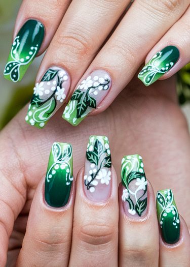 Elegant botanical gradient nail art featuring green hues and white floral designs.