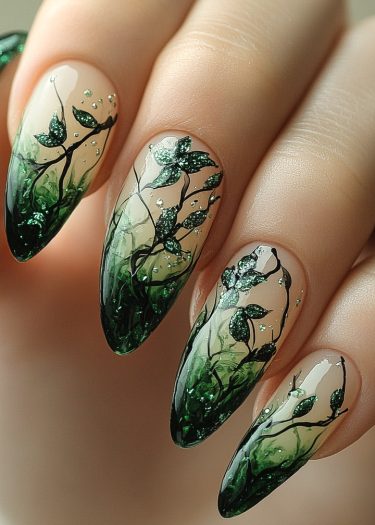 Stunning botanical green nail art featuring intricate vines, leaves, glitter, and reflective beads.