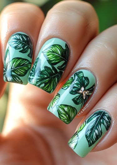 Pastel green botanical leaf nail art with metallic star accent for chic manicure elegance.