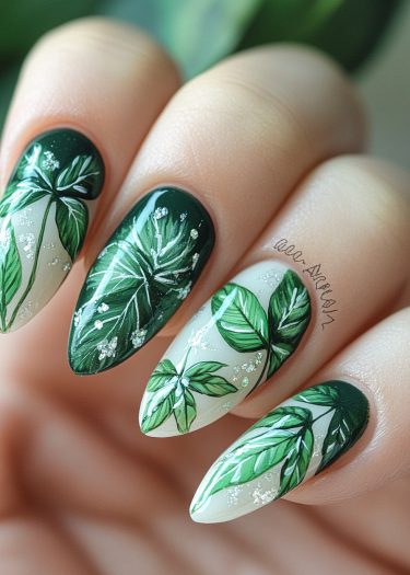 Elegant botanical nail art featuring intricate leafy designs and sparkling accents on almond-shaped nails.