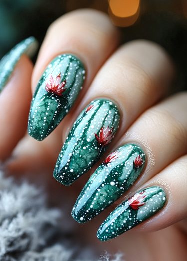 Elegant almond-shaped nails featuring botanical cactus flower nail art in vibrant green and red.