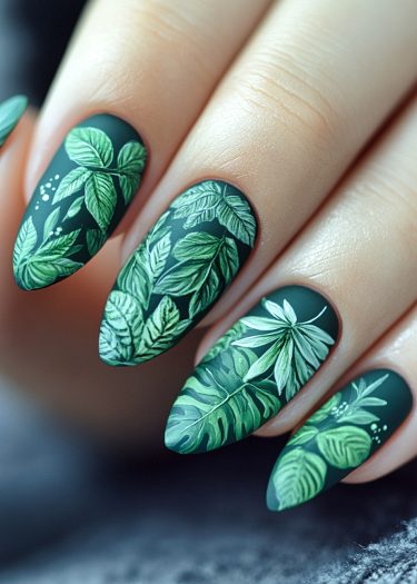 Stunning botanical nail art featuring green leaves on matte dark green stiletto nails.