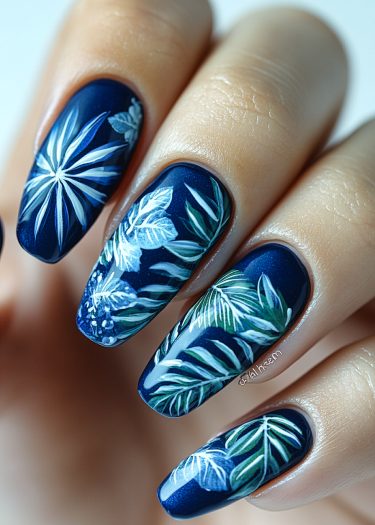 Elegant navy botanical nail art featuring white and green leaf designs for a vibrant look.