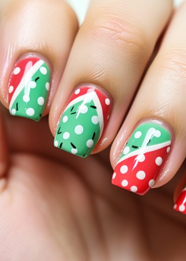 Vibrant watermelon-themed nail art design with glossy finish, perfect for summer style.