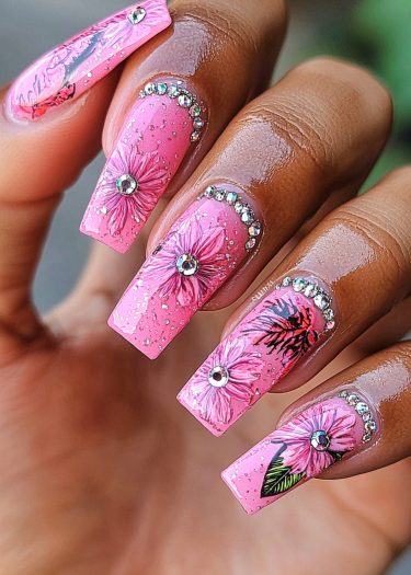 Vibrant pink floral nail art with rhinestones and detailed designs for elegant manicured hands.