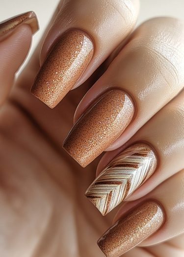 Elegant copper-brown nails with intricate geometric design and subtle shimmer for stylish manicures.