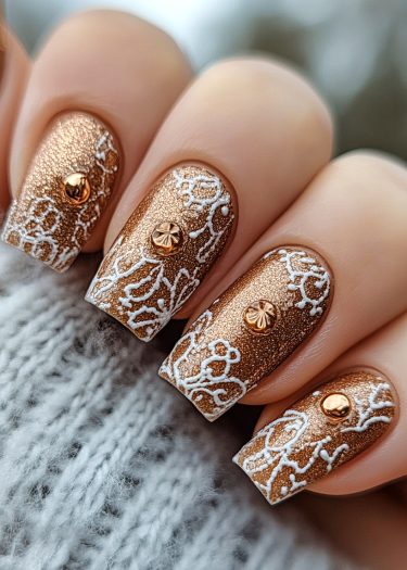 Elegant bronze lace nail art with metallic studs, showcasing sophisticated autumn styles.