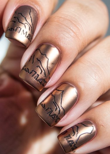 Elegant bronze metallic nail art featuring intricate mountain designs and stylish text accents.