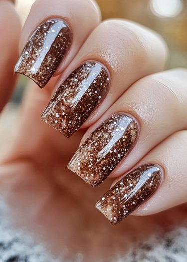 Elegant chocolate brown nails with starry speckles, perfect for fall and winter styling.