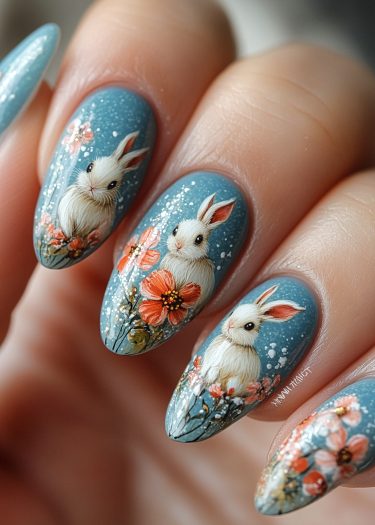 Artistic nail art featuring white rabbits and flowers on deep blue almond-shaped nails.