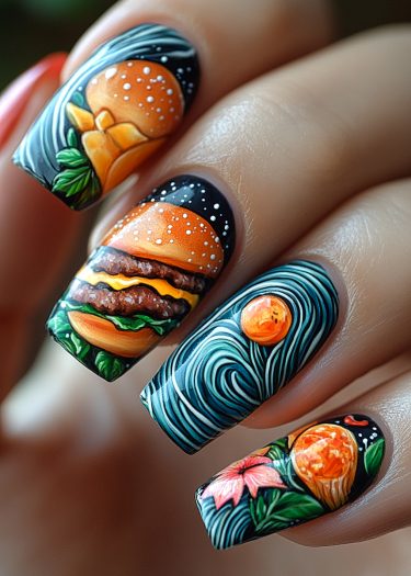 Colorful nail art design featuring a hamburger, ocean waves, and a floral theme.