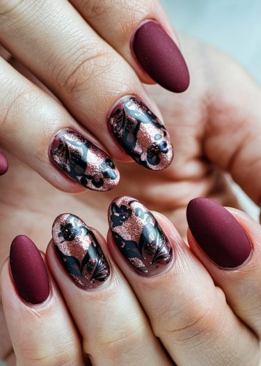 Elegant burgundy and rose gold nail art with intricate black floral designs and glossy embellishments.