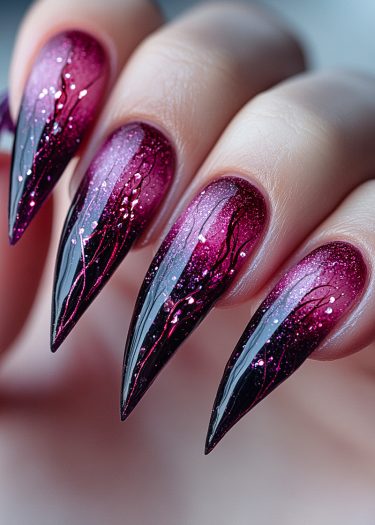 Elegant burgundy-to-black ombre stiletto nails with intricate designs and sparkling glitter.