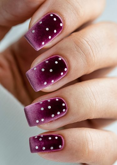 Elegant burgundy nail art with playful white dots on a chic manicure.