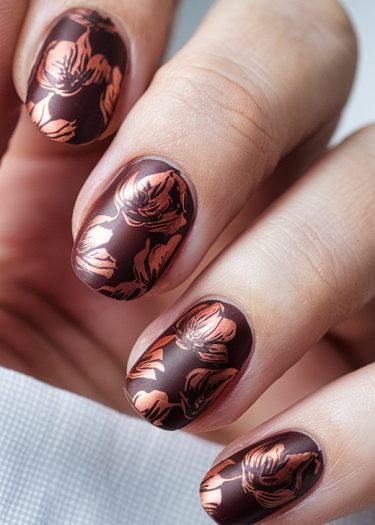 Elegant burgundy matte nails with intricate rose gold floral designs for a chic manicure.