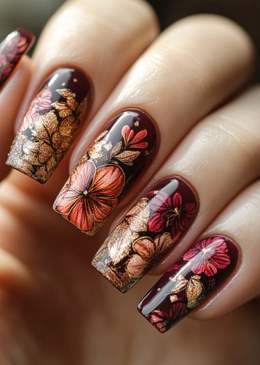 Elegant burgundy nail art with metallic floral designs and high-shine finish for a luxurious look.