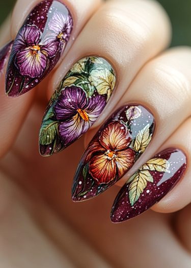 Elegant burgundy nail art featuring intricate purple and orange floral designs for a stylish look.