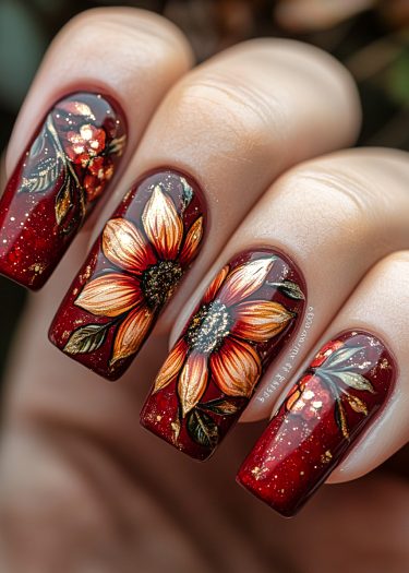 Elegant burgundy floral nail art with vibrant flowers and shimmering accents for stunning manicures.