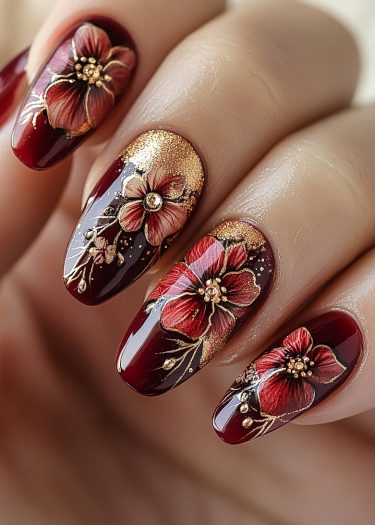 Elegant burgundy nail art with floral designs and gold accents for a luxurious manicure.