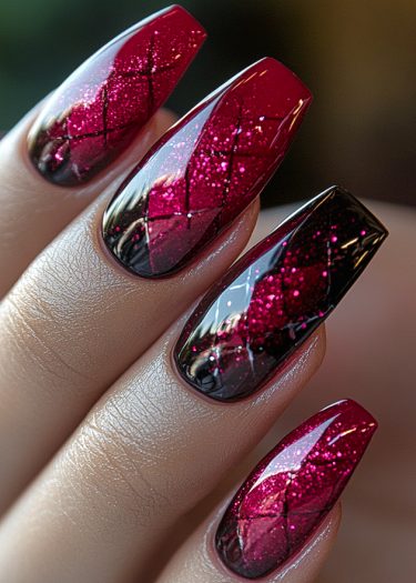 Elegant almond-shaped nails with a black-to-glittering red gradient and intricate lattice design.