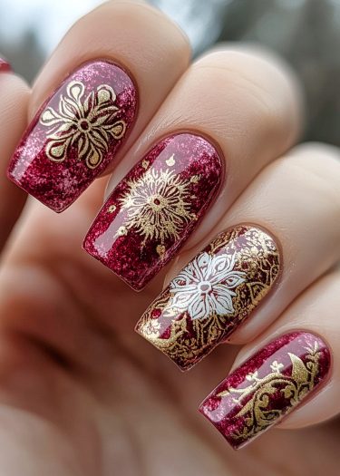 Luxurious burgundy glitter nails with gold and white floral designs for elegant occasions.