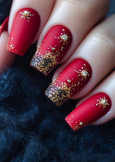 Elegant burgundy nails with gold embellishments and glitter gradient for a luxurious manicure.