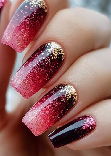 Stunning burgundy gradient nail art with glitter for elegant manicures and special occasions.