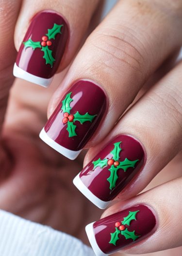 Elegant burgundy nails with festive holly design and French tips, perfect for holiday celebrations.