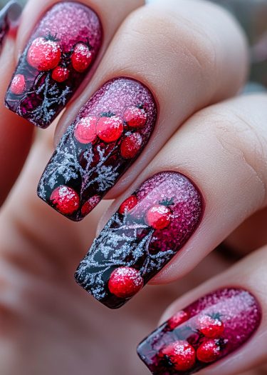 Elegant burgundy ombre nail art featuring winter berries and frosty branches with glitter accents.