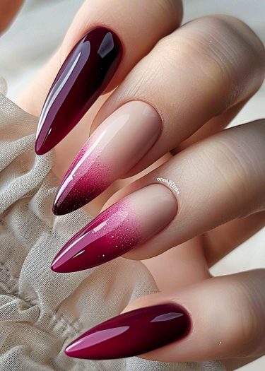 Elegant stiletto nails with burgundy ombre design and glitter accents on a textured backdrop.