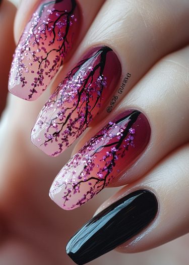 Sophisticated burgundy-pink gradient nails with delicate black branches and sparkling pink blossoms.